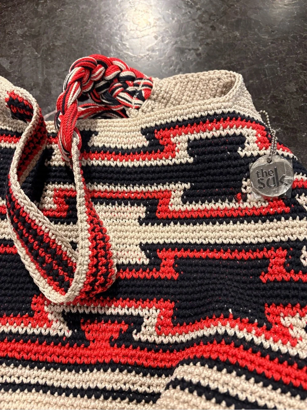 The Sak Crochet Hobo Bag in Red, Black & Cream with Tassel - Picture 3 of 4